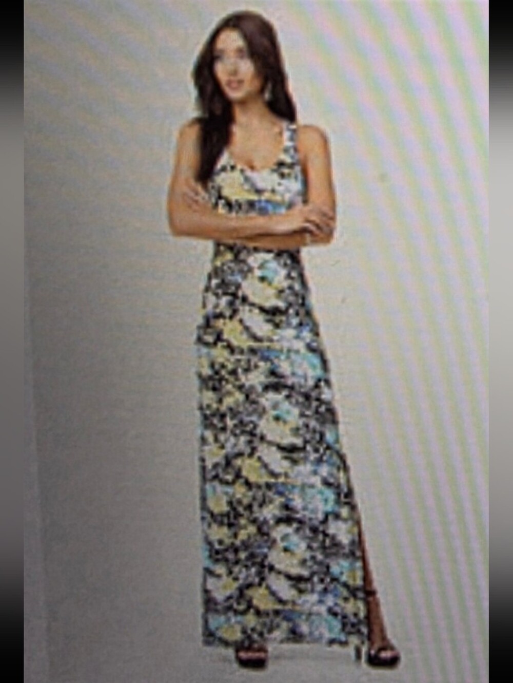 bebe Multicolor Printed Sleeveless Maxi Dress - Yellow, Teal & Black Large
